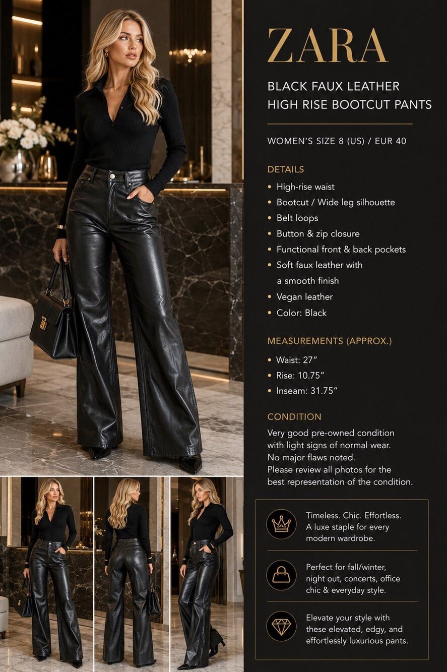 Zara Black Faux Leather High Rise Bootcut Pants Women’s US 8 EU 40 Vegan WideLeg